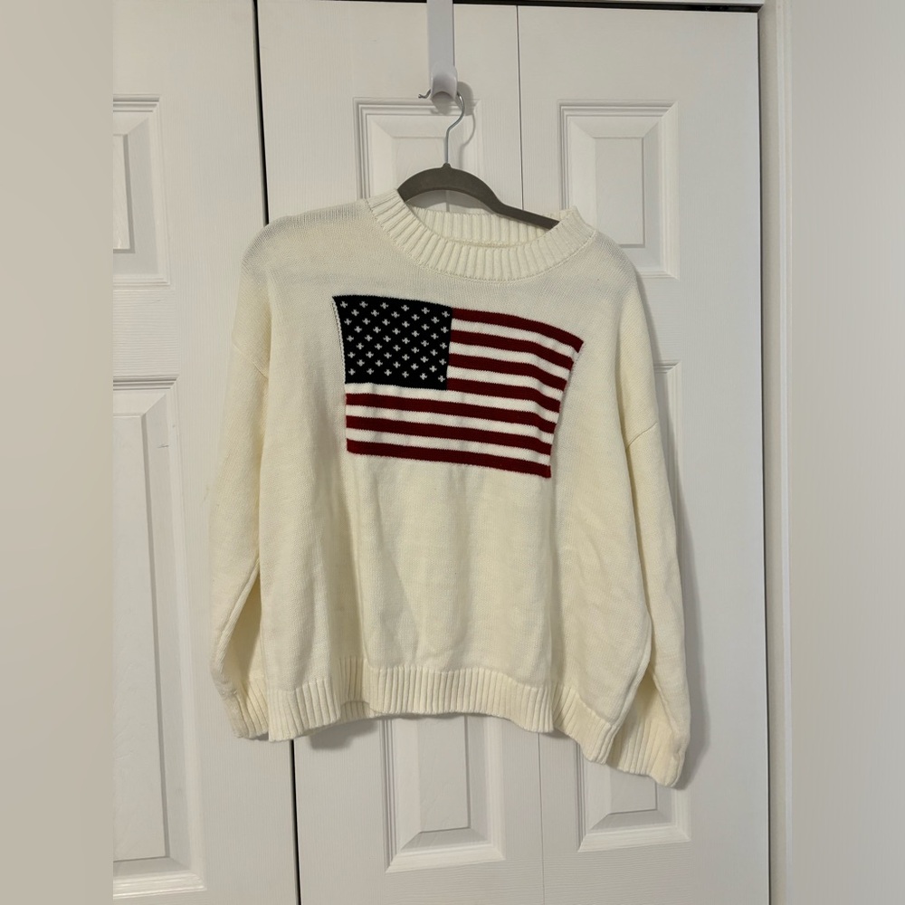 Amazon Cream Crewneck Sweater with Red and Blue Flag Motif